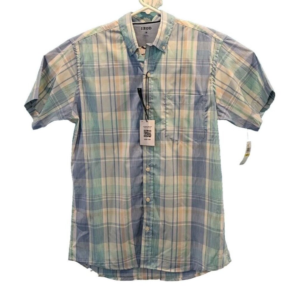 IZOD Shirt Mens Medium Breeze Classic Fit Short Sleeve Ice‎ Green Plaid New